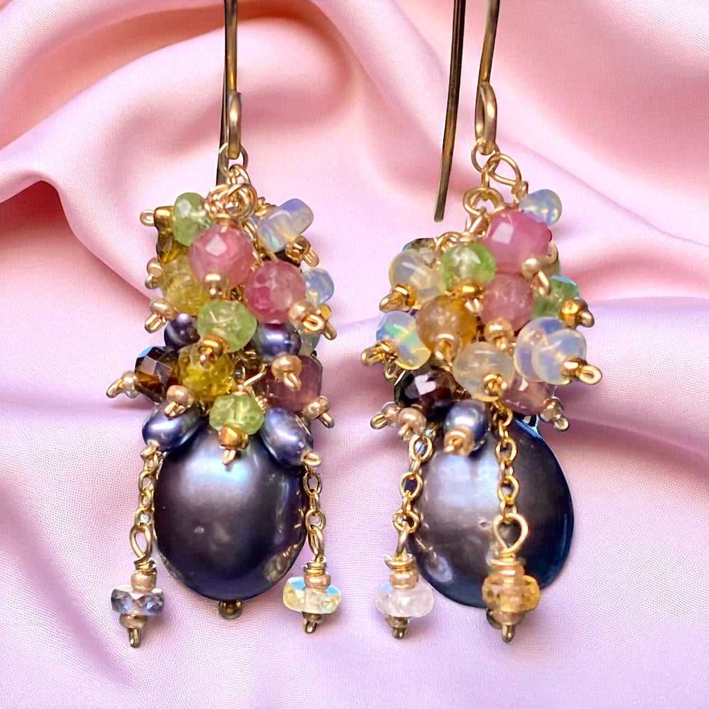 Tourmaline and Opal Cluster Earrings with Black Peacock Pearls