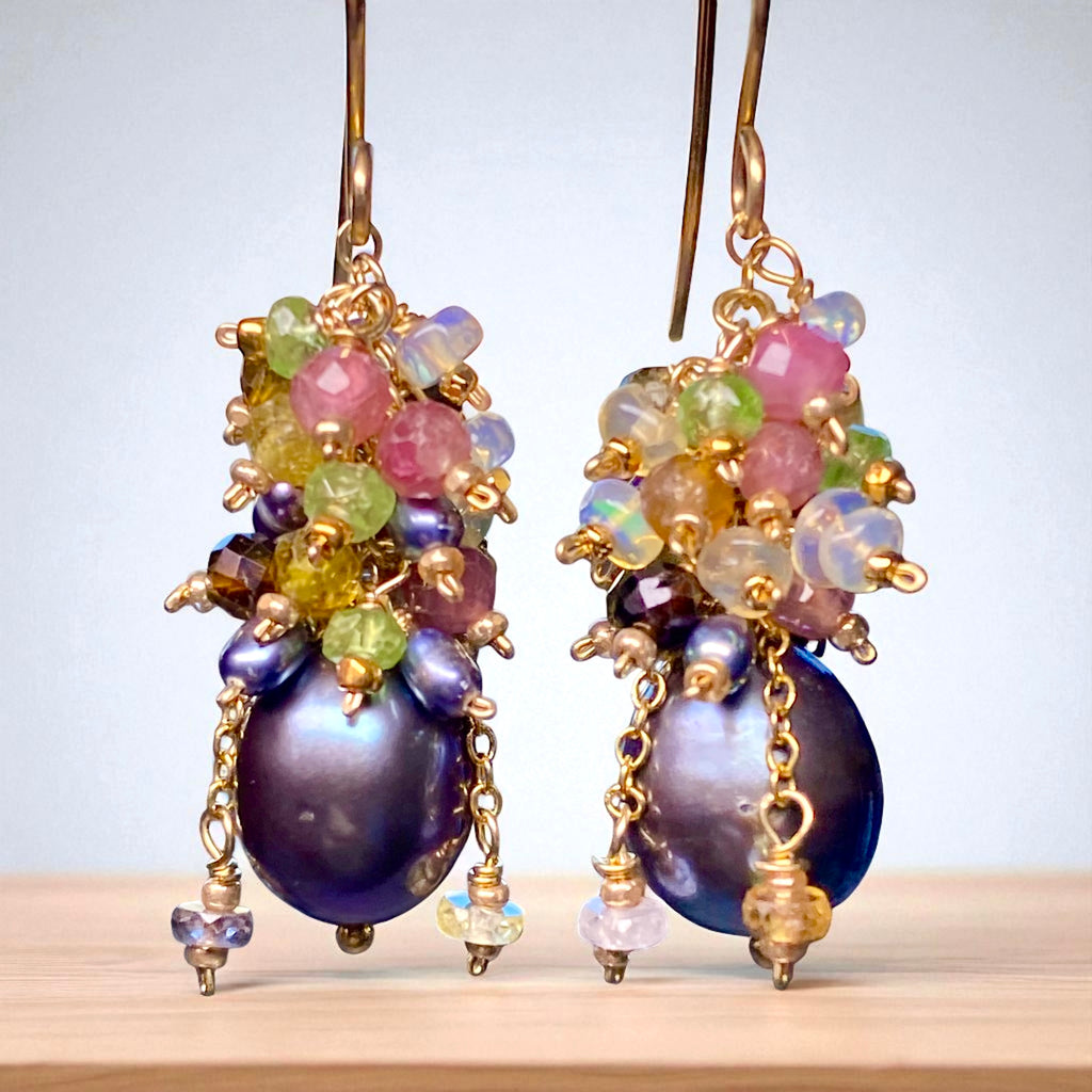 Tourmaline and Opal Cluster Earrings with Black Peacock Pearls