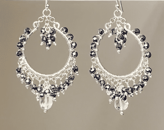 Black Gemstone Chandelier Hoop Earrings Sterling Silver 2