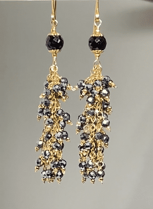 Sparkly Long Black Tassel Earrings Gold Fill
