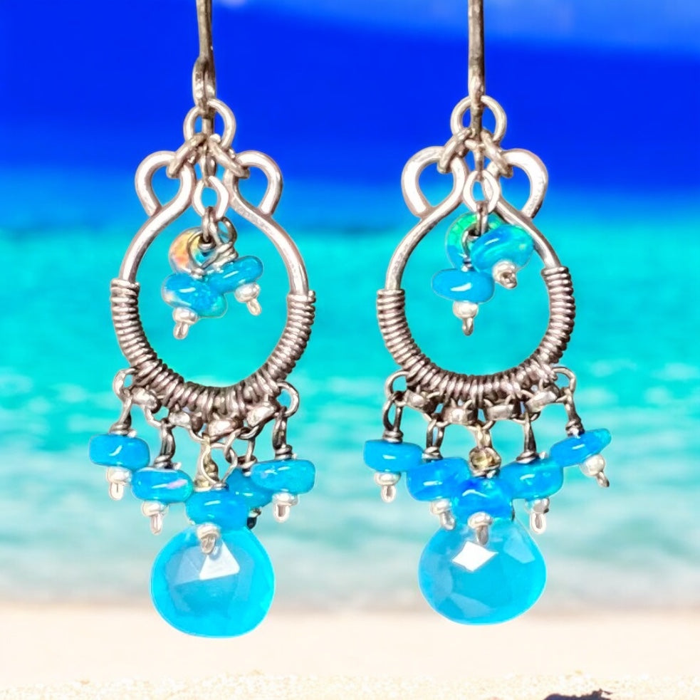 Blue Chalcedony, Opal Sterling Silver Chandelier Earrings