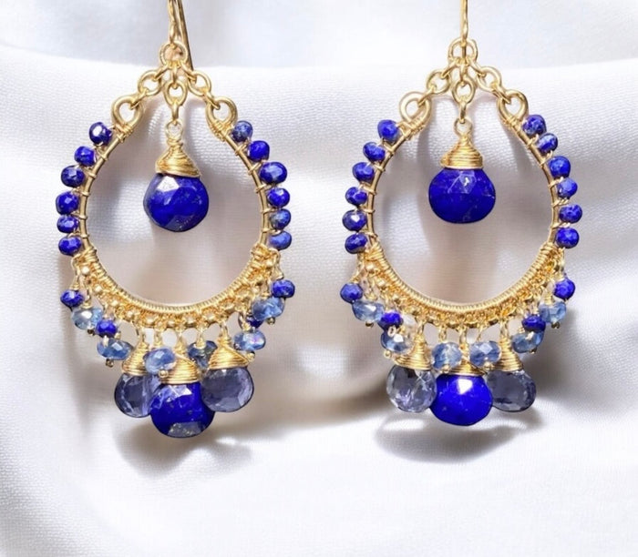 Blue Gemstone Gold Hoop Chandelier Earrings Lapis Kyanite Iolite