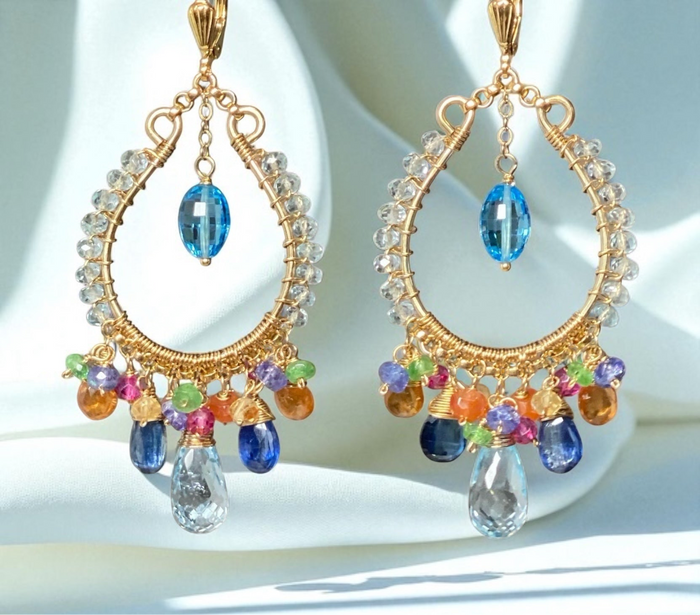Blue Topaz Multicolor Gemstone Hoop Earrings in Gold Fill 2