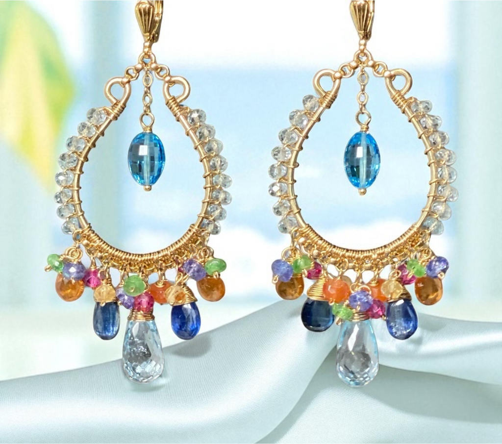 Blue Topaz Multicolor Gemstone Hoop Earrings in Gold Fill 2