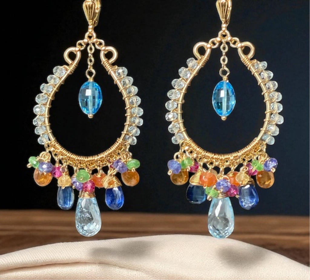 Blue Topaz Multicolor Gemstone Hoop Earrings in Gold Fill 2
