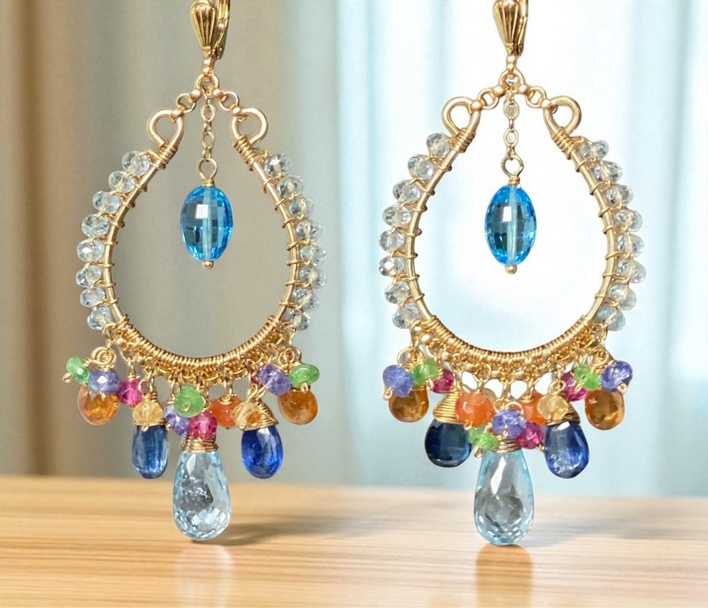 Blue Topaz Multicolor Gemstone Hoop Earrings in Gold Fill 2