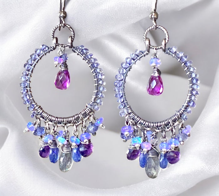 Blue Violet Sterling Silver Hoop Chandelier Earrings Iolite, Kyanite, Amethyst