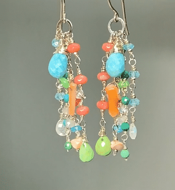 Blue and Green Turquoise Dangle Earrings, Coral, Moonstone, Gemstone 3
