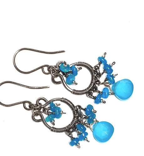 Blue Chalcedony, Opal Sterling Silver Chandelier Earrings