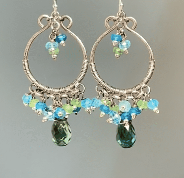 Oxidized Silver Hoop Chandelier Earrings, Aqua, Green Tsavorite, Blue Topaz 2