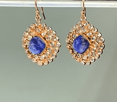 Rose Gold Earrings Pave White Topaz Kyanite Dangle Blue & White
