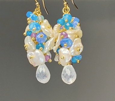 Blue Ethiopian Opal, Keishi Pearl and Gemstone Dangle Earrings Gold