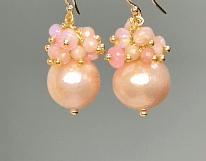 Pink Blush Pearl Pink Opal Cluster Earrings Gold Fill