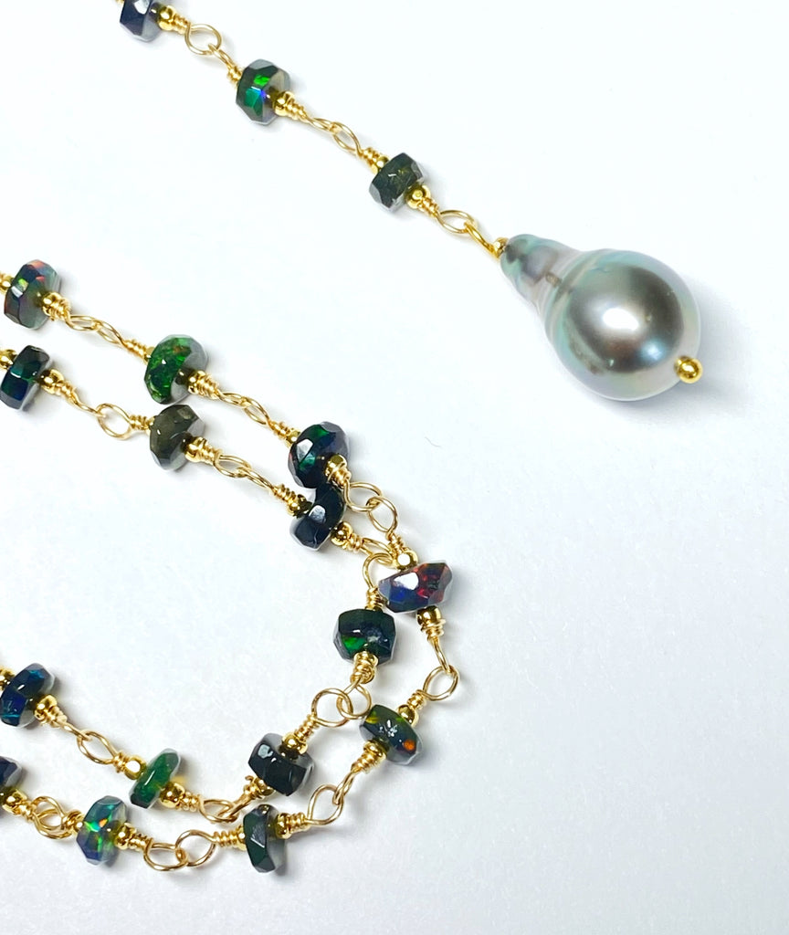 Tahitian Pearl, Black Ethiopian Opal Wire Wrap Y Necklace, Gold Fill