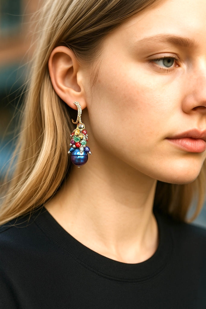 Grey Pearl Earrings with Colorful Gemstone Clusters in Sterling Silver