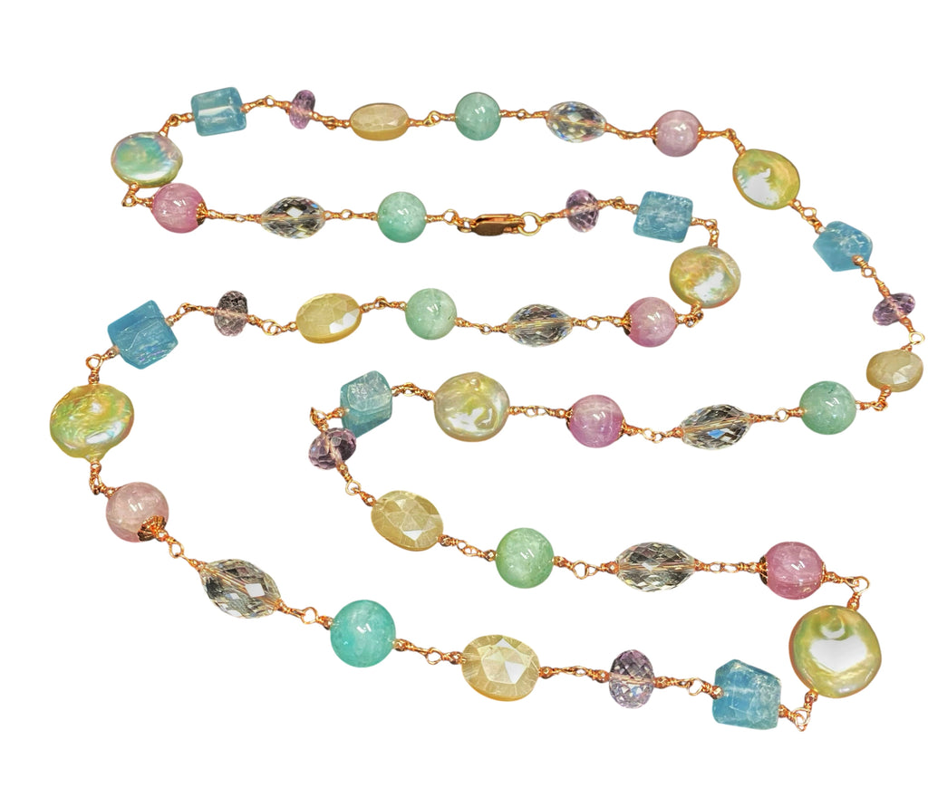 Long Multi Gemstone Pearl Necklace Aquamarine Amethyst Kunzite Rose Gold Fill