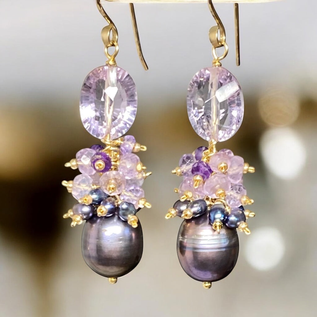 Amethyst Cluster Peacock Baroque Pearl Earrings Gold