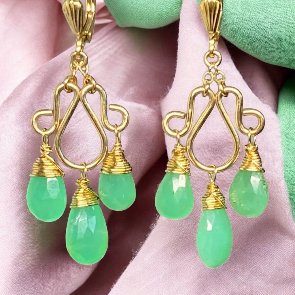 Green Chrysoprase Gemstone Chandelier Earrings Gold