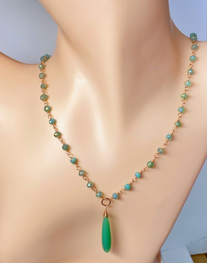 Green Chrysoprase, Rose Gold Wire Wrapped Pendant Necklace