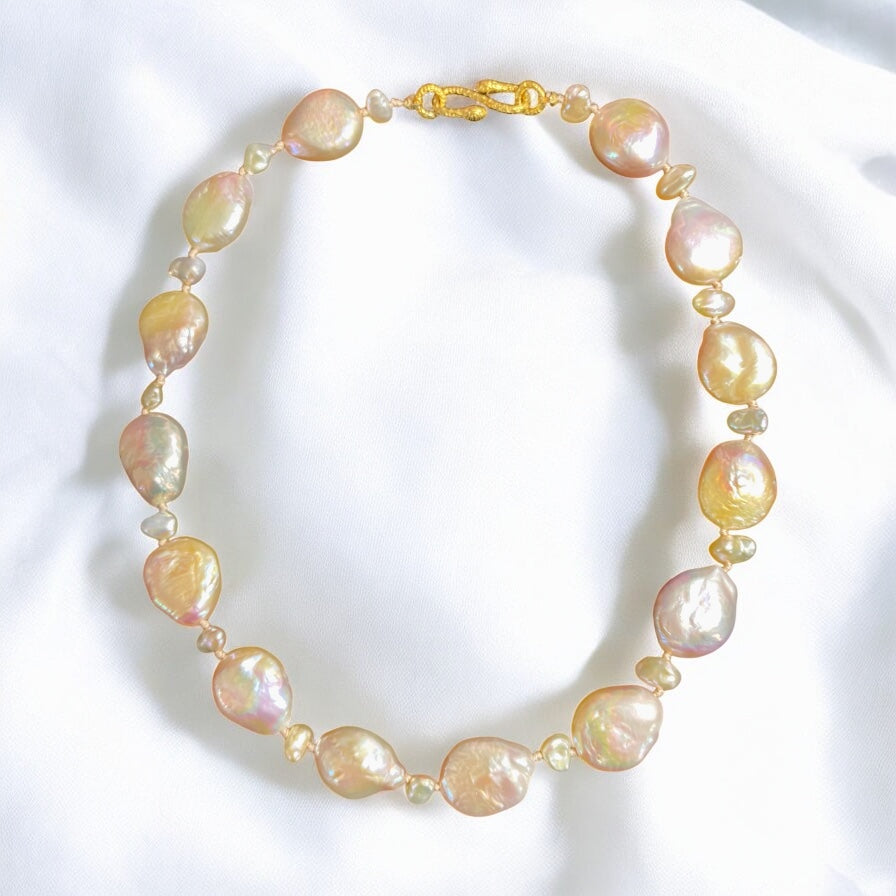 Statement Coin Pearl Necklace with Keishi Pearls, Silk Knotted
