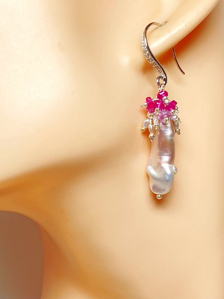 Biwa Pearl Dangle Earrings, Pink Red Ruby Clusters Sterling Silver