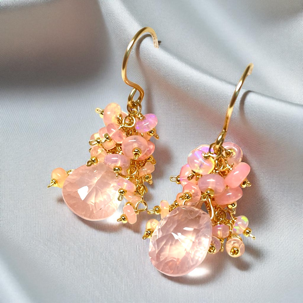 Pink Opal Cluster Earrings Rose Quartz Concave Cut Briolette Earrings Gold