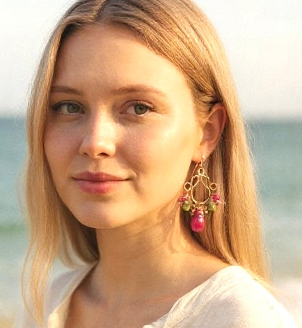 Tsavorite Garnet, Pink Sapphire Gold Fill Chandelier Earrings - Pink, Green Gemstones