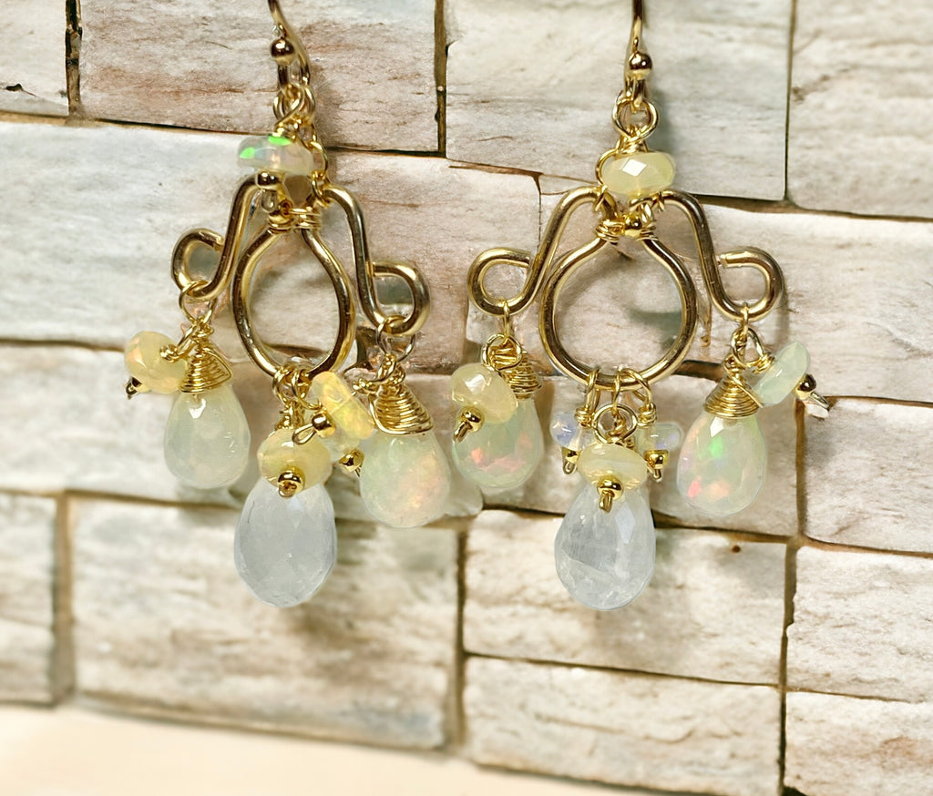 Ethiopian Opal and Moonstone Gemstone Chandelier Earrings Statement Gold Fill