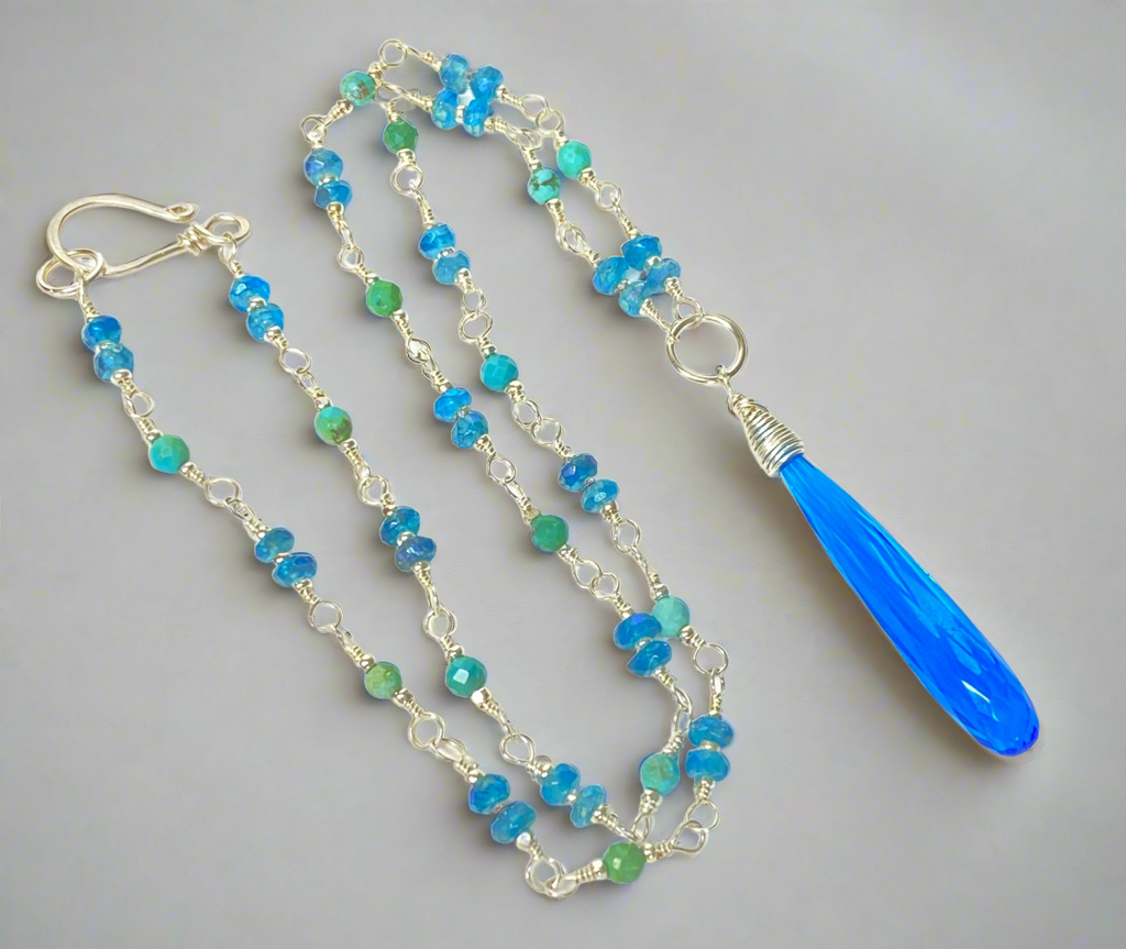 Dainty Necklace Wire Wrap Rosary Style: Swiss Blue Quartz Pendant, Blue Green Gems, Sterling Silver