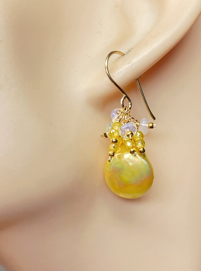 Yellow Coin Pearl Earrings with Opal Clusters Gold Fill