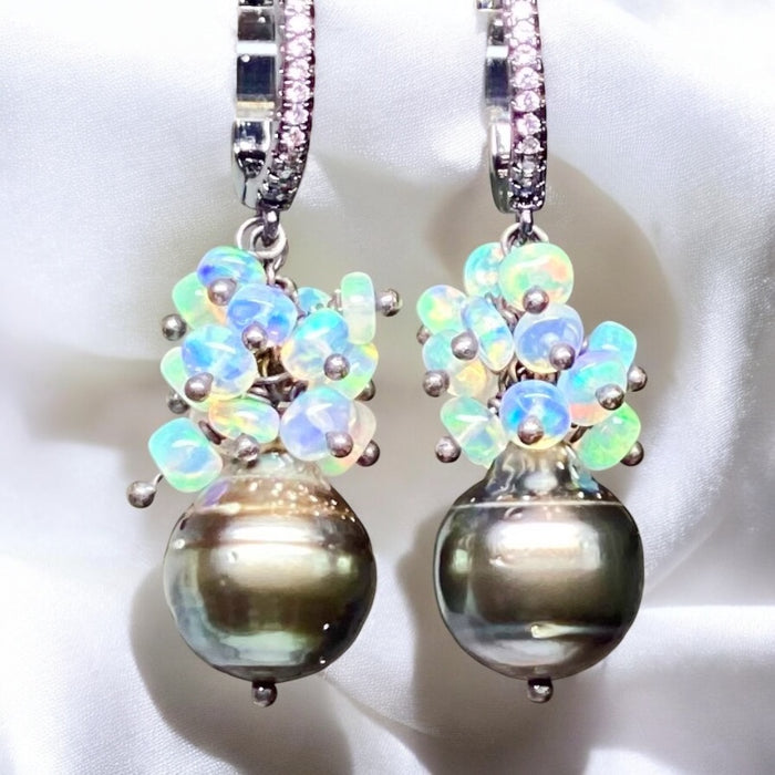 Tahitian Pearl and Opal Cluster Earrings Oxidized Sterling Silver