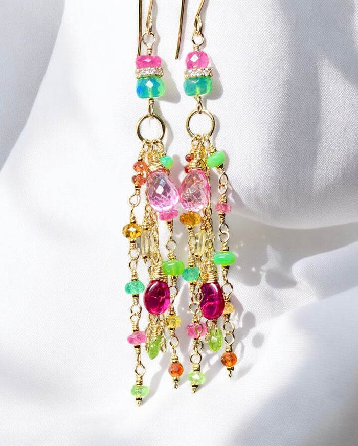 Pink Sapphire, Green Gemstone Gold Fill Long Dangle Earrings