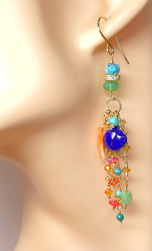 Blue Lapis Dangle Earrings Boho Style with Coral, Chrysoprase, Turquoise, Carnelian Gold Fill
