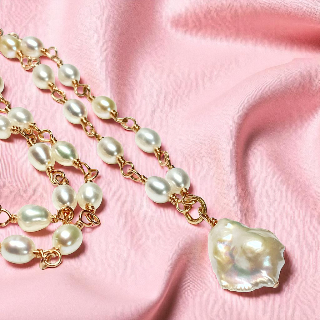 Dainty Baroque Pearl Necklace Wire Wrapped Rosary Style Rose Gold Fill