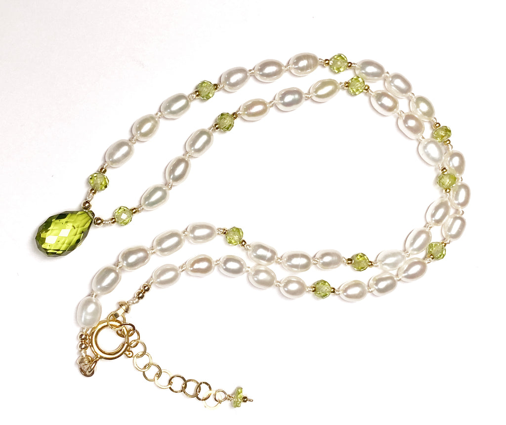 Peridot Gemstone and Pearl Pendant Necklace on 14 kt Gold Fill