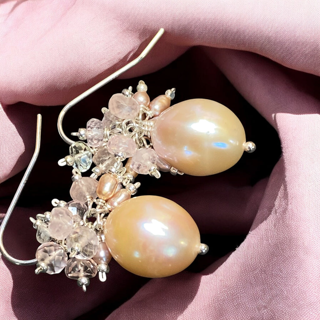 Pink Blush Pearl and Morganite Cluster Earrings Sterling Silver