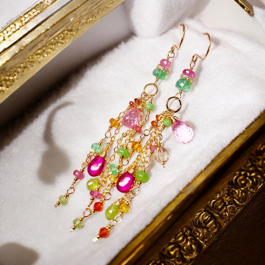 Pink Sapphire, Green Gemstone Gold Fill Long Dangle Earrings