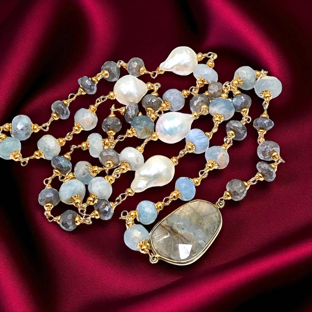 Aquamarine, Labradorite, Pearl Long Wire Wrapped Necklace