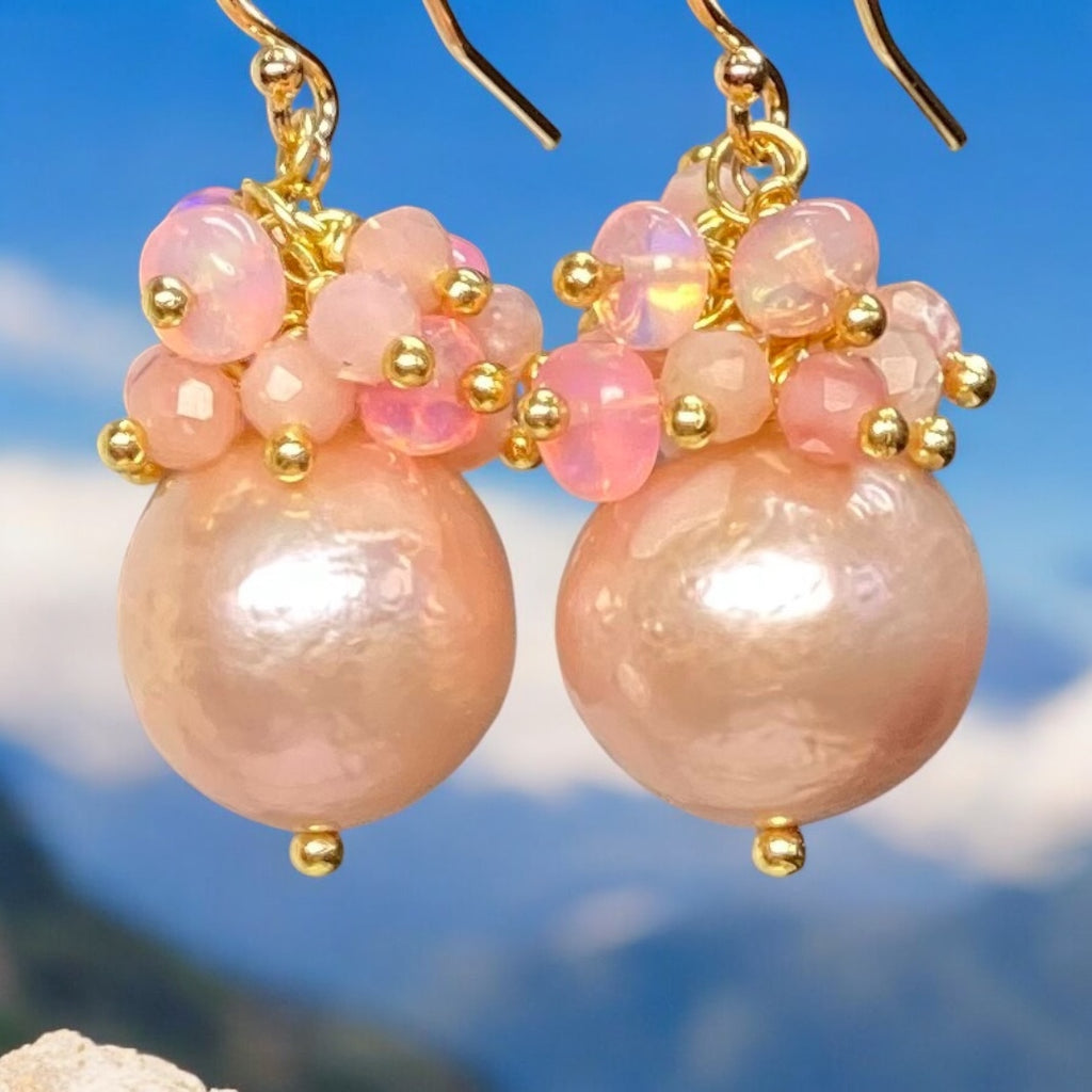 Pink Blush Pearl Pink Opal Cluster Earrings Gold Fill