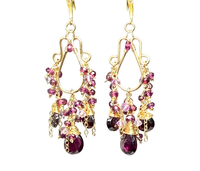 Rhodolite Garnet Boho Chandelier Earrings Gold Fill