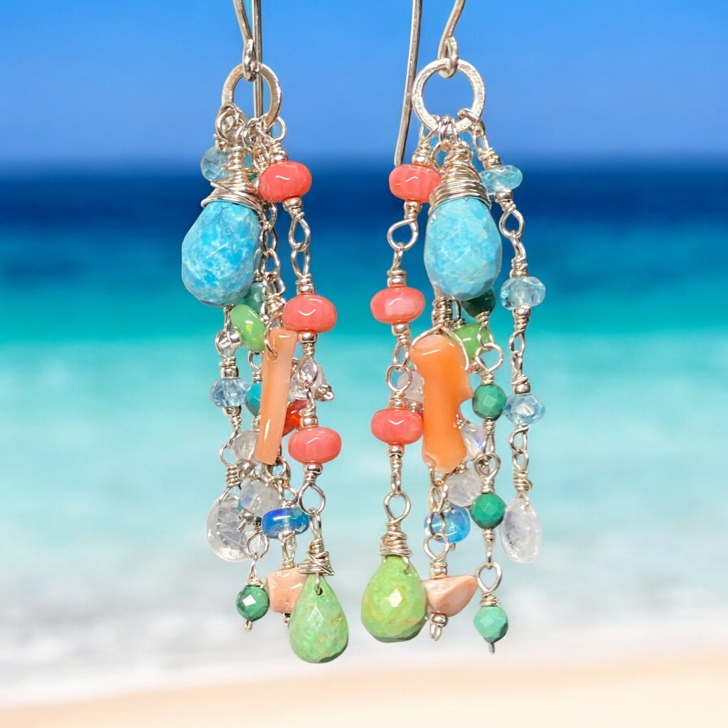 Blue and Green Turquoise Dangle Earrings, Coral, Moonstone, Gemstone 3