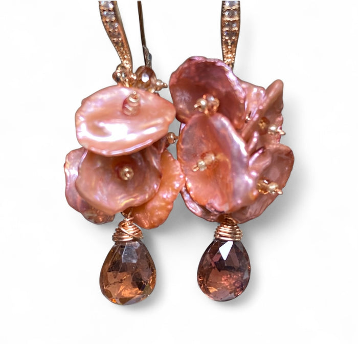 Tourmaline, Sapphire and Coral Keishi Pearl Cluster Earrings Rose Gold