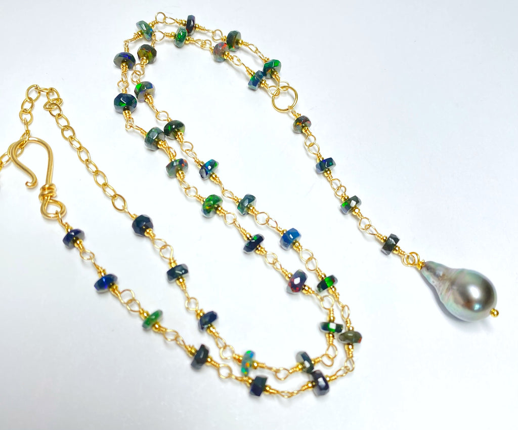 Tahitian Pearl, Black Ethiopian Opal Wire Wrap Y Necklace, Gold Fill