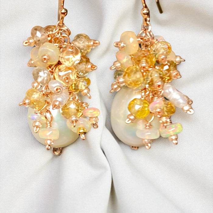 Natural Zircon Gemstone, Opal and Pearl Cluster Earrings, Rose Gold Fill