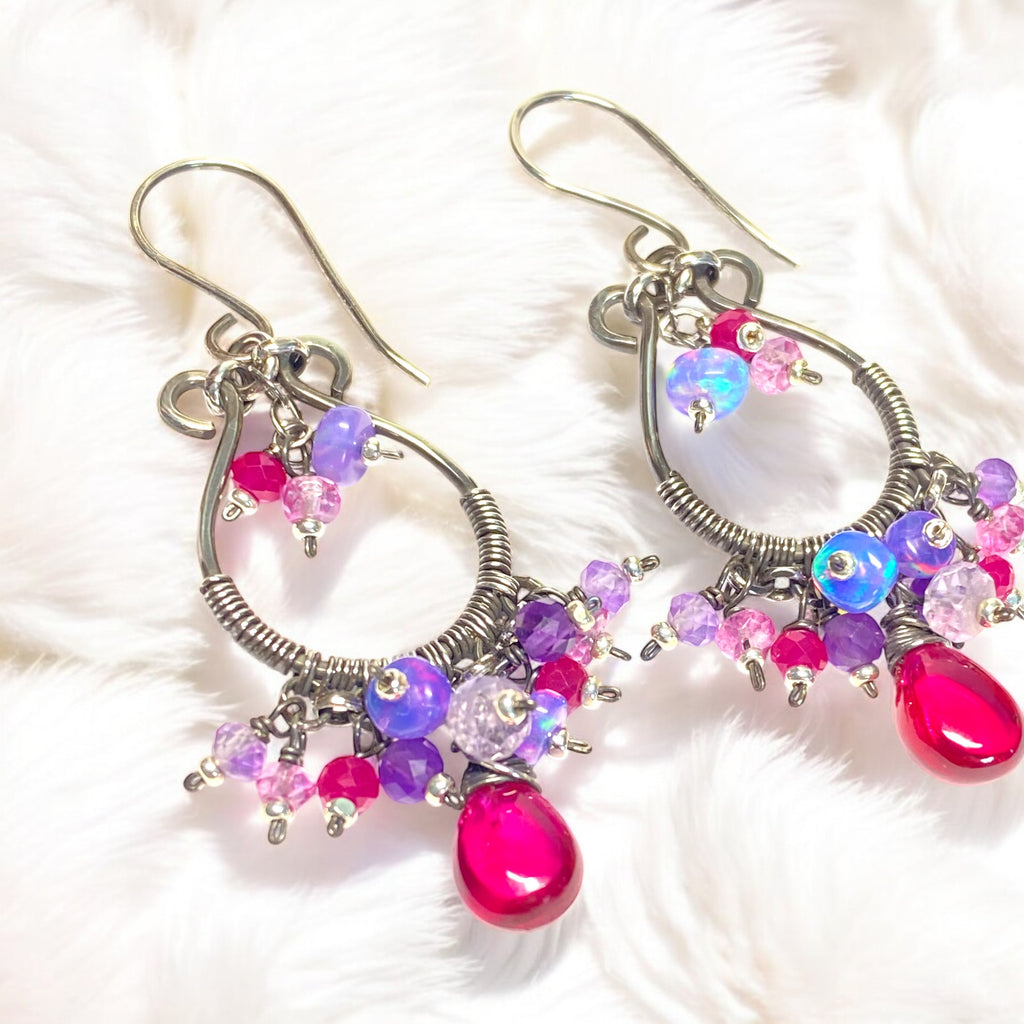 Pink Rubellite, Lavender Gems Oxidized Silver Hoop Chandelier Earrings,