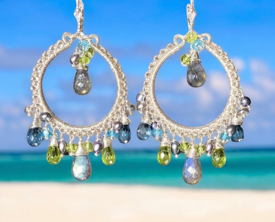 London Blue Topaz Labradorite Gemstone Hoop Earring Sterling Silver