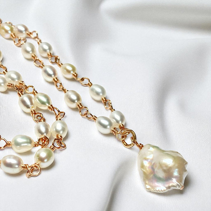 Dainty Baroque Pearl Necklace Wire Wrapped Rosary Style Rose Gold Fill