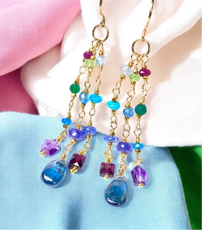 Teal Kyanite, Multi Gemstone Gold Fill Long Dangle Earrings