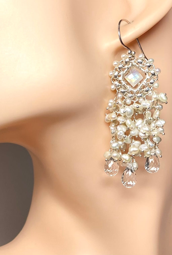 Moonstone and Pearl Chandelier Statement Bridal Wedding Earrings