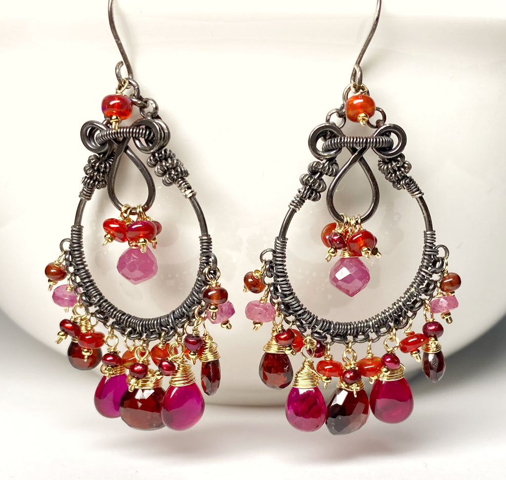 Red Gemstone Statement Chandelier Earrings, Garnet, Sapphire, Mixed Metal, Oxidized Silver